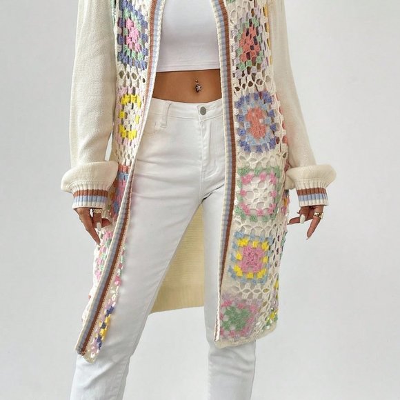 Apricot Casual Womens Geo Pattern Drop Shoulder Open Front Cardigan - Picture 3 of 5